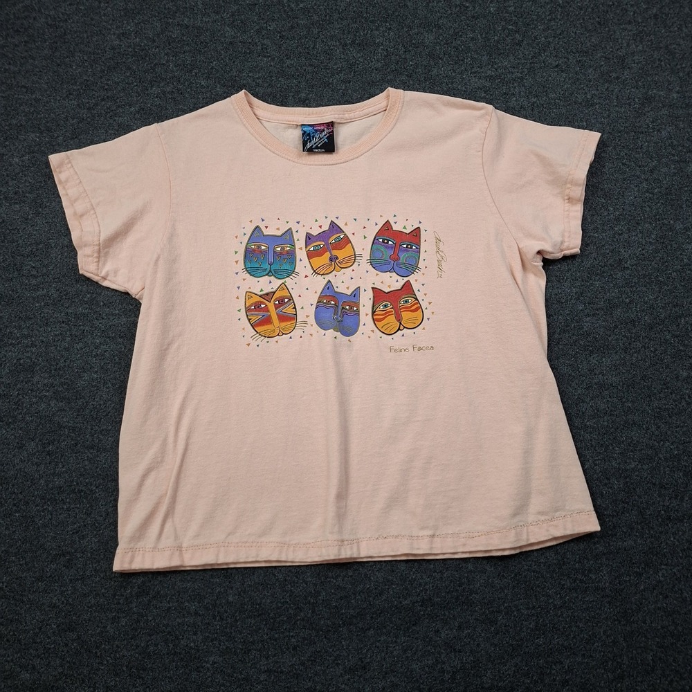 Laurel Burch Feline Faces Cats M Peachy Shirt Hemmed to crop Artsy Cat Lady USA
